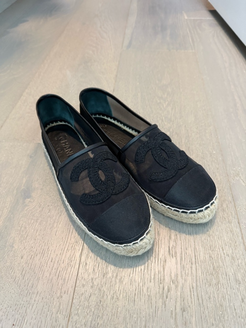 CHANEL Black Canvas CC Espadrille Slip-Ons